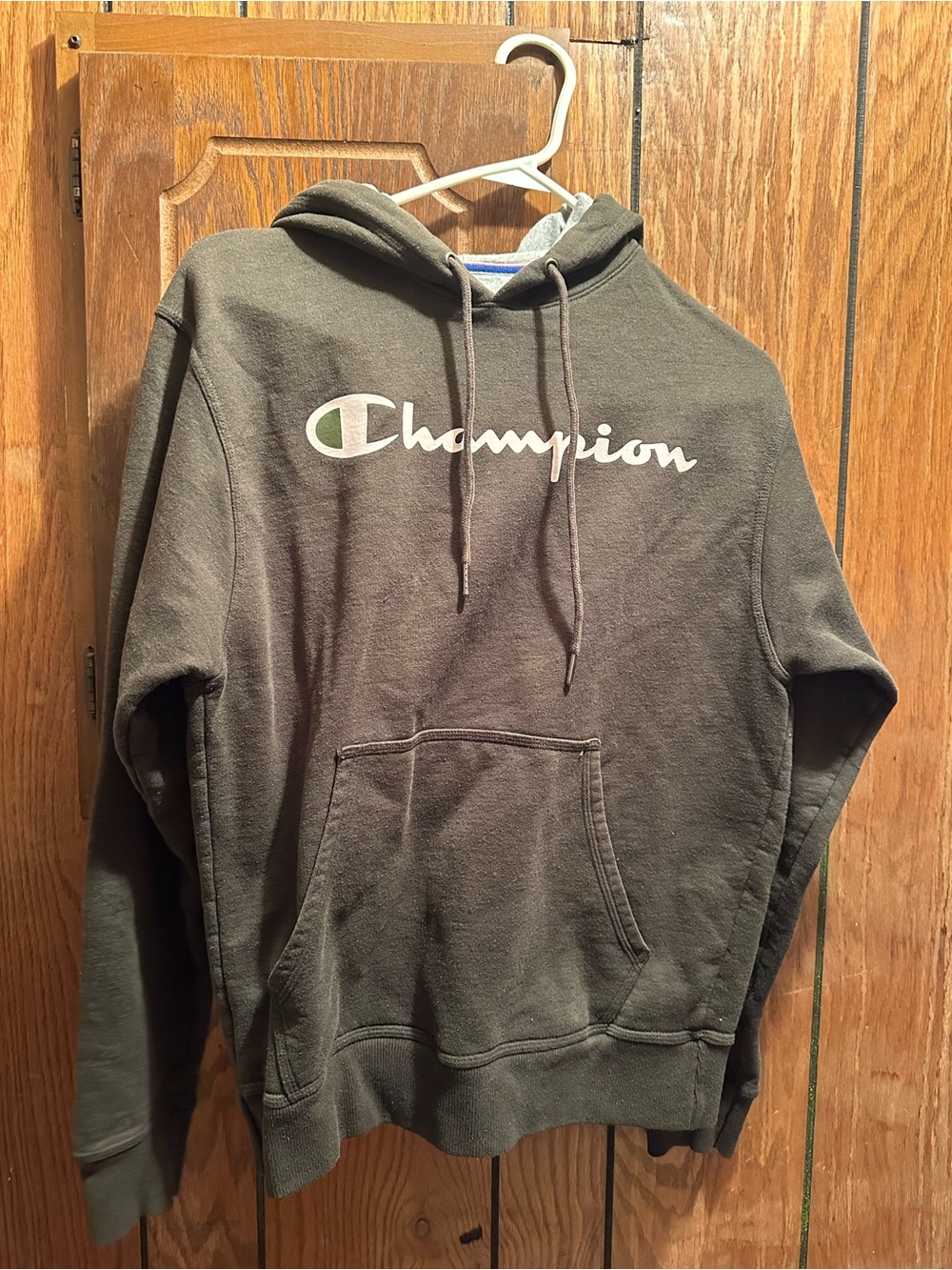 Champion Men's Olive Green Crewneck Hoodie with Script Logo
